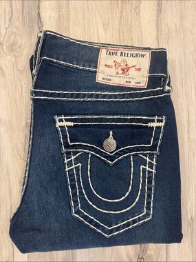 True Religion Dark Blue Relaxed Straight Jeans with Contrast White Stitching